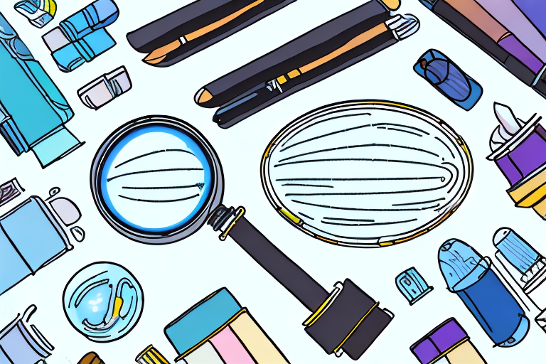 A magnifying glass hovering over a diverse array of products