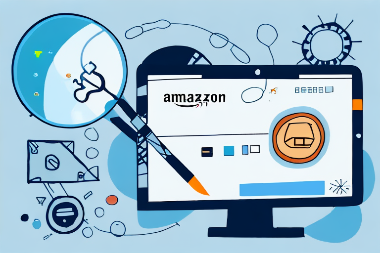 A computer screen showing an amazon product page with a magnifying glass highlighting the upc code area