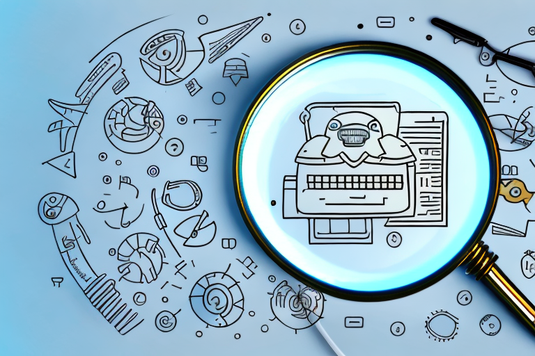 A magnifying glass hovering over a stylized computer screen displaying an array of different products