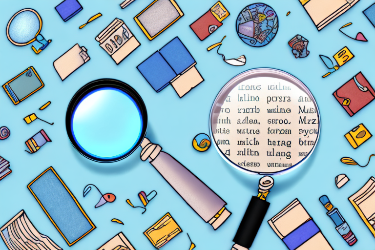 A magnifying glass hovering over a variety of different products like books