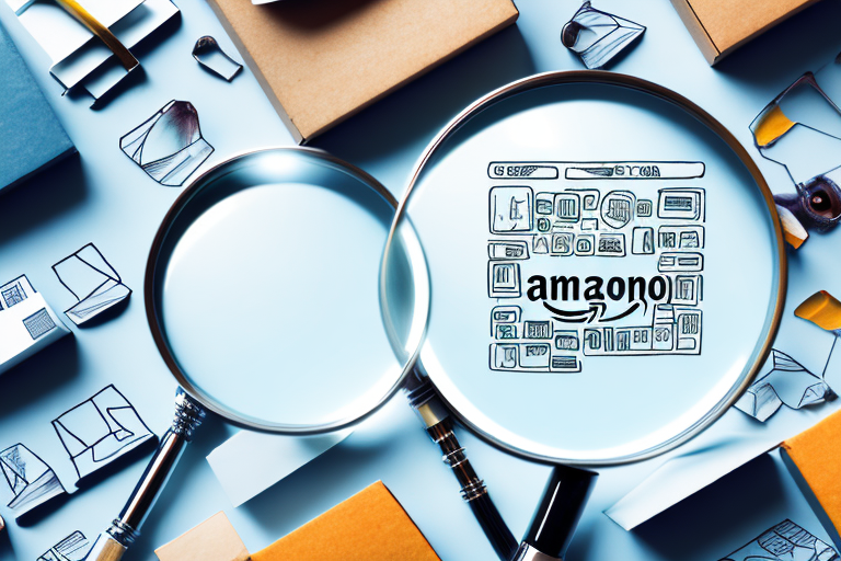 A magnifying glass hovering over a collection of amazon product boxes