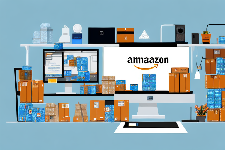 A warehouse filled with various products and a computer screen displaying the amazon website in the background