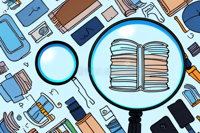 A magnifying glass hovering over a variety of products such as books