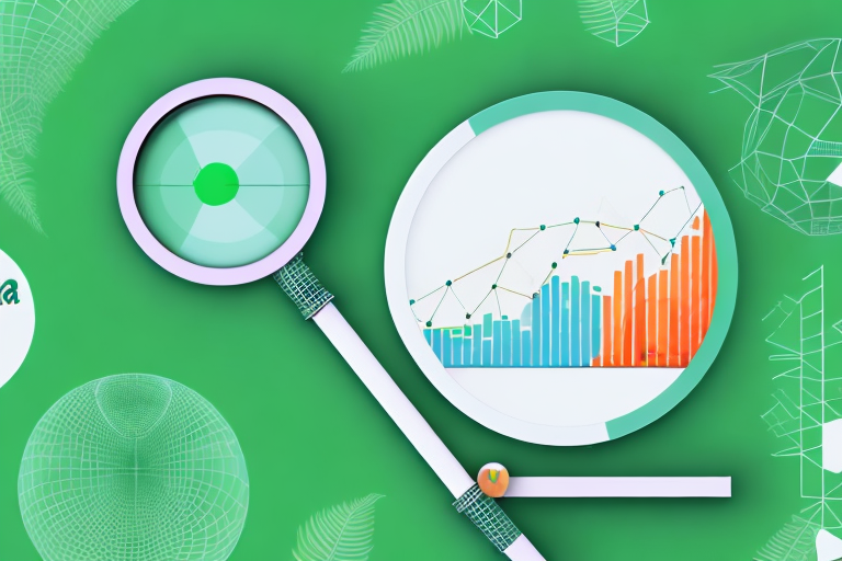 A powerful magnifying glass focusing on a 3d bar graph and pie chart that represents data