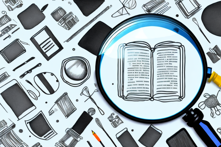 A magnifying glass hovering over a variety of different products such as a book