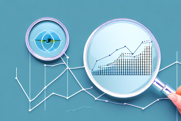 A magnifying glass hovering over a 3d bar graph representing sales