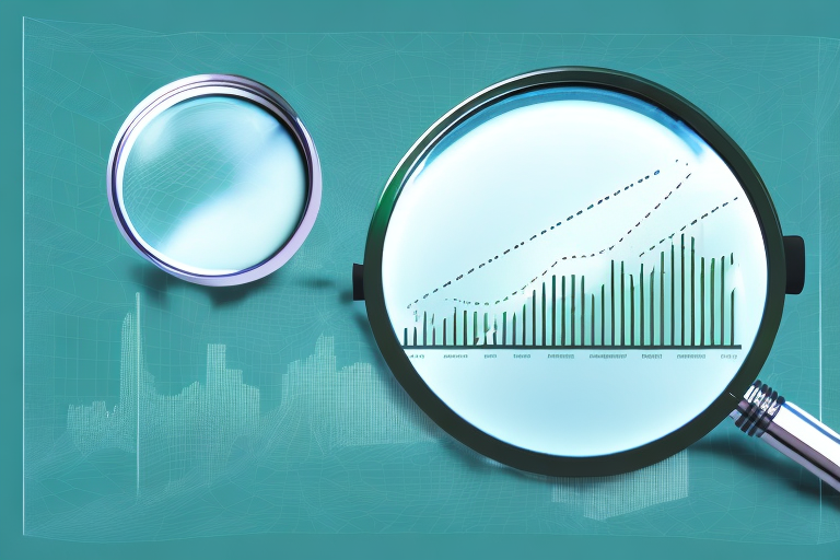 A magnifying glass hovering over a 3d bar graph that represents sales