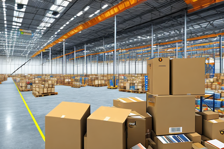 A large warehouse with amazon's signature packaging boxes being transported on a conveyor belt system