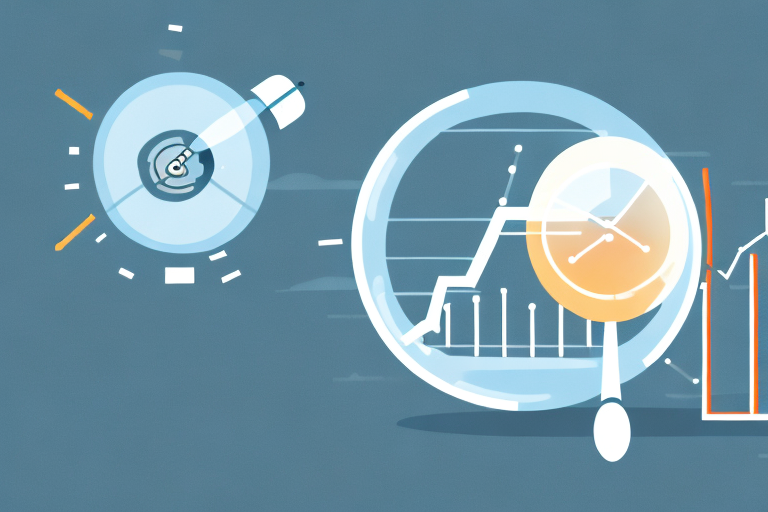 A magnifying glass hovering over a bar graph