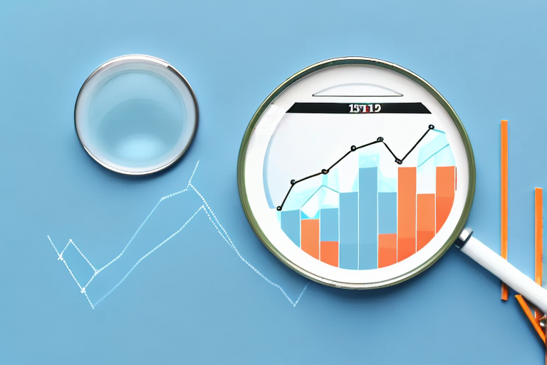 A magnifying glass hovering over a computer screen displaying a bar graph and pie chart