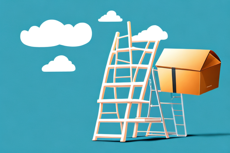 A ladder reaching up to a stylized amazon box on a cloud