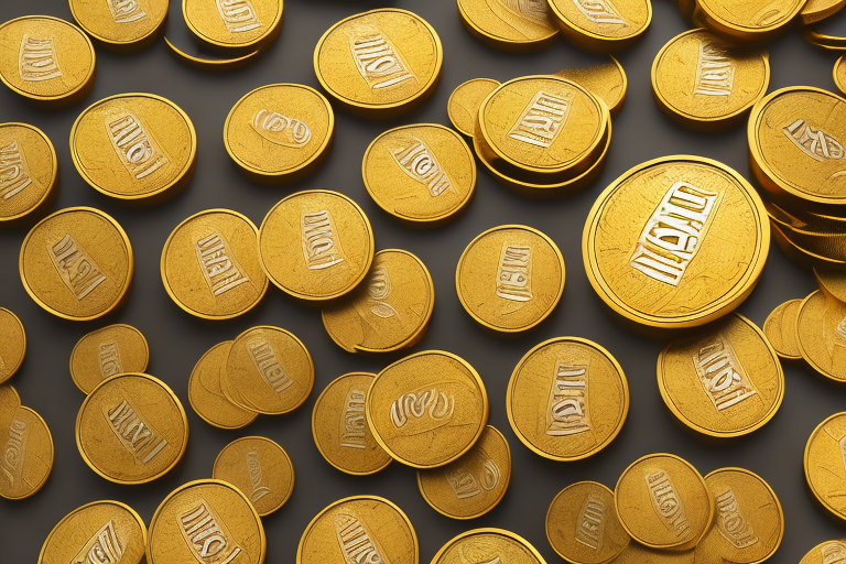 A pile of gold coins next to a stylized amazon box