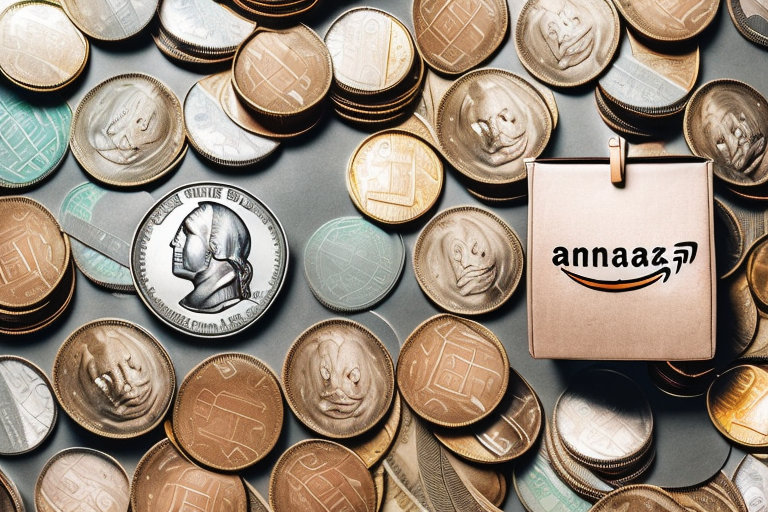 A pile of coins and dollar bills next to a stylized amazon delivery box