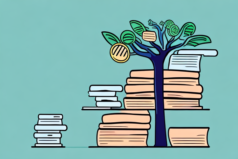 A stack of books next to a growing money tree