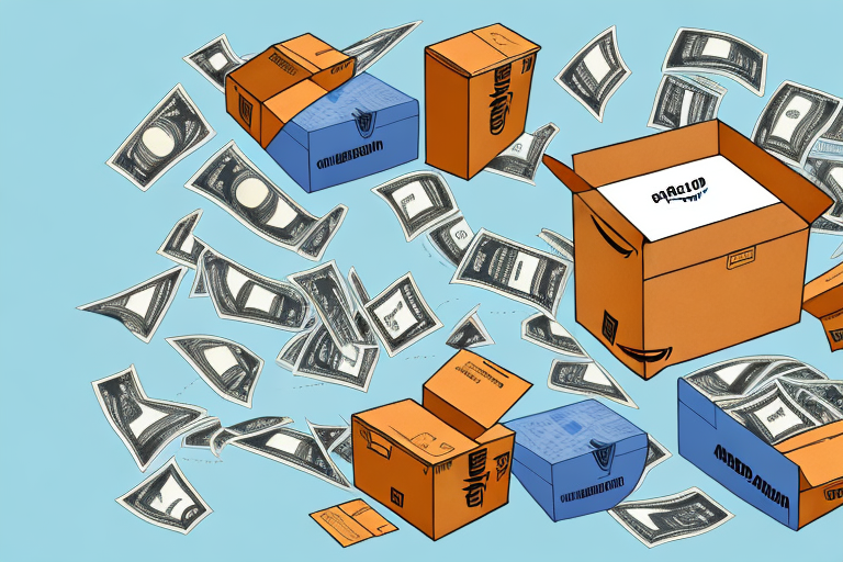 An amazon delivery box filled with various goods and dollar bills spilling out