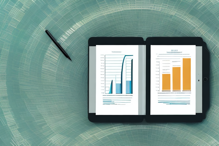 A stack of books next to a digital tablet displaying a chart of increasing profits