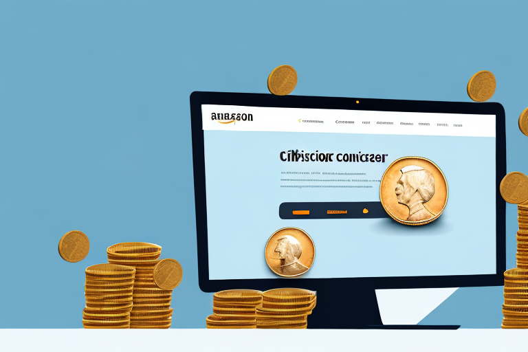 A stack of coins next to a computer with amazon's website on the screen