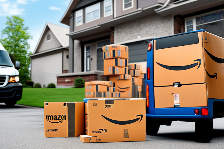 A delivery van with amazon's color scheme parked beside a residential house