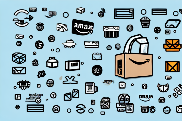 An amazon box surrounded by various e-commerce symbols like a shopping cart