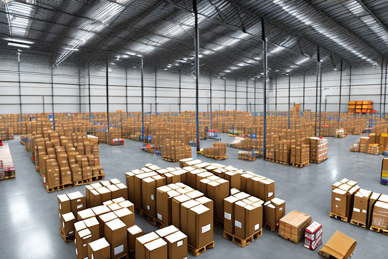 A warehouse with amazon-branded delivery trucks ready for dispatch