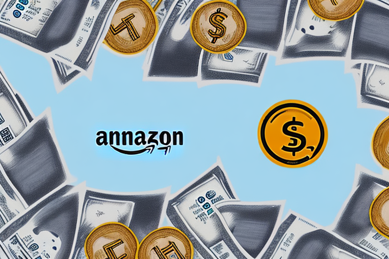 An amazon package surrounded by different monetary symbols