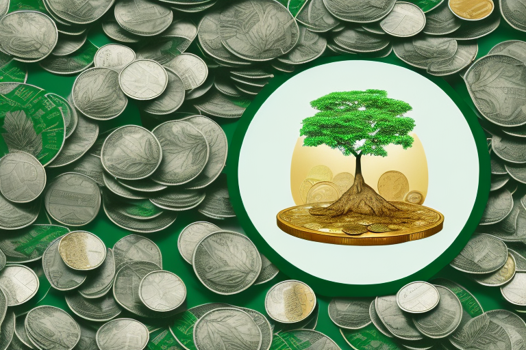 A symbolic representation of a growing plant or tree with coins or dollar bills as leaves