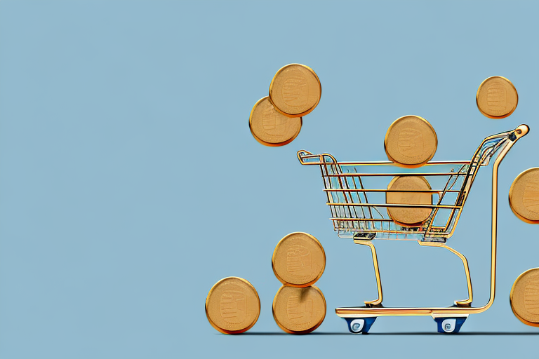 A symbolic scale balancing a shopping cart filled with various products and a pile of gold coins