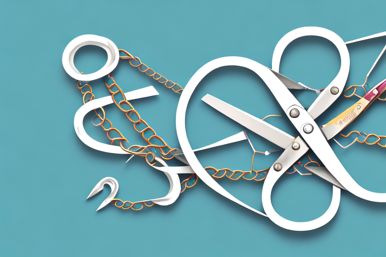 A pair of scissors cutting a symbolic chain