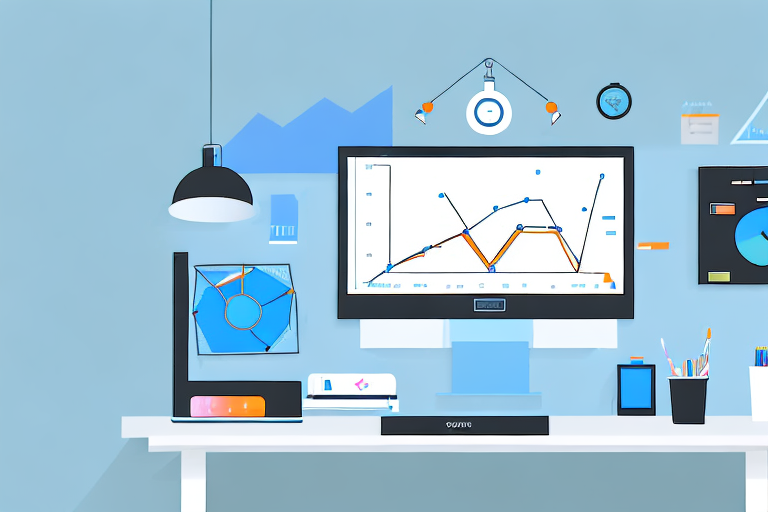 A desk setup with a computer displaying graphs and charts