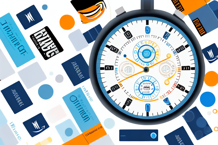 A stopwatch surrounded by various amazon product boxes to represent the concept of time in the approval process of amazon brand registry