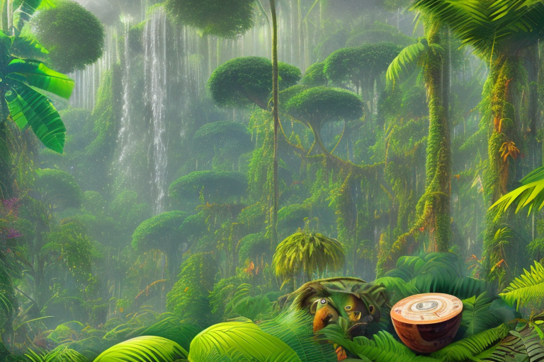 A stylized amazon rainforest landscape morphing into an array of various popular products