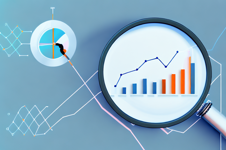 A magnifying glass hovering over a stylized representation of a computer screen displaying various bar graphs and pie charts to symbolize analytics data