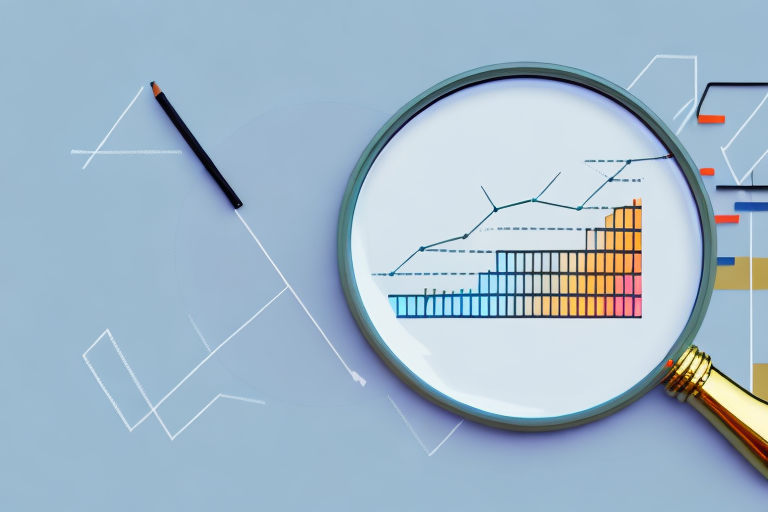 A magnifying glass hovering over a stylized representation of a bar graph and pie chart