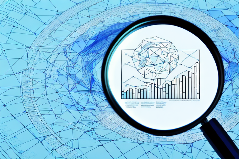 A magnifying glass hovering over a stylized representation of a computer screen displaying charts