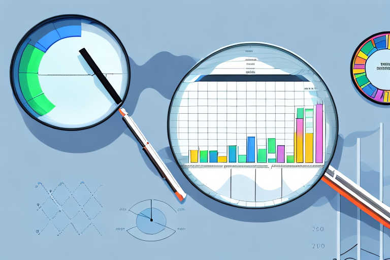 A magnifying glass examining a detailed spreadsheet with various bar graphs and pie charts symbolizing data analysis