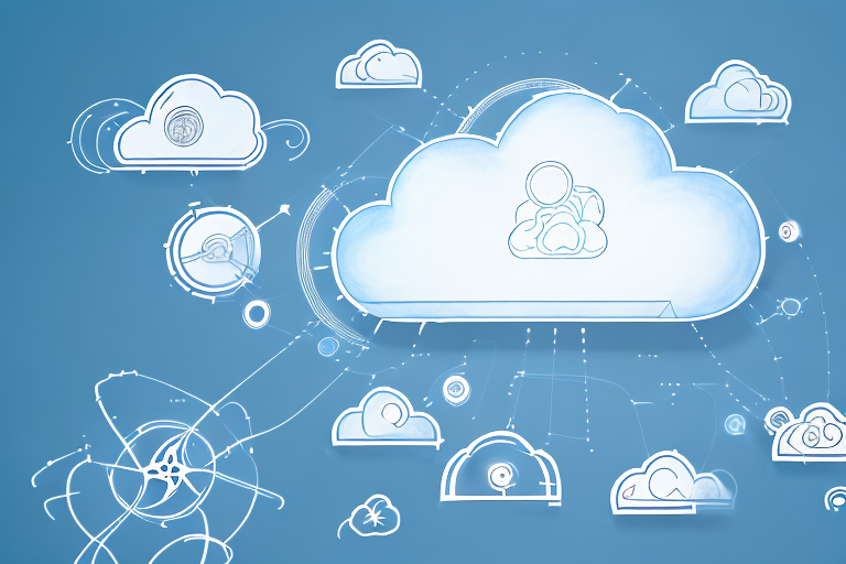 A cloud releasing a stream of various digital icons (like a film reel