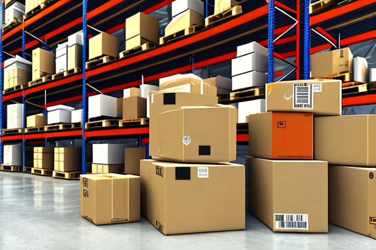 A warehouse with amazon boxes being loaded onto a delivery truck