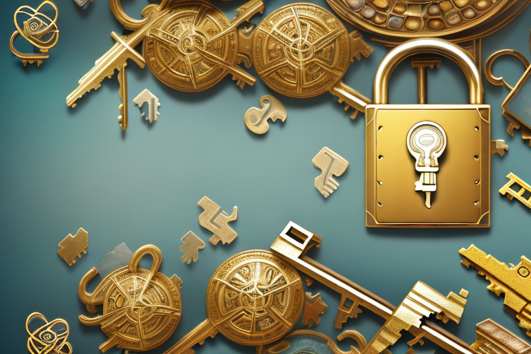 A luxurious golden key unlocking a treasure chest overflowing with symbols representing movies