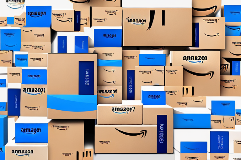 A variety of different sized amazon-branded boxes stacked in a visually appealing manner