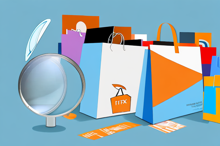 An amazon fire tv box surrounded by various shopping bags and a magnifying glass