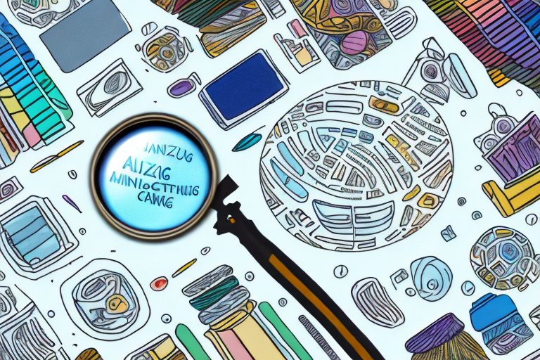 A magnifying glass hovering over a diverse array of products