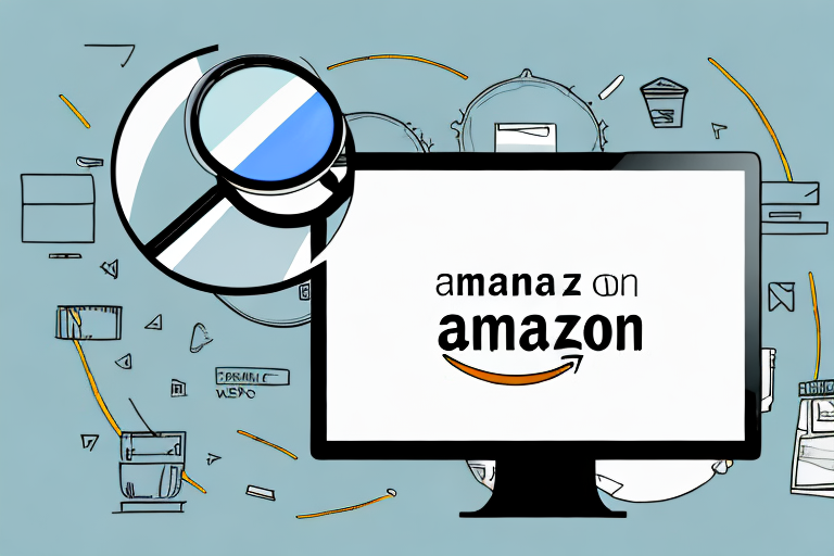 A magnifying glass hovering over a computer screen displaying various amazon products