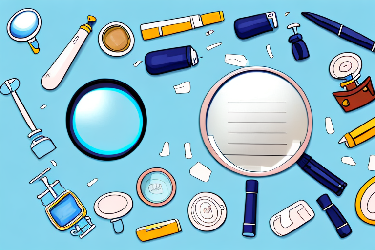 A magnifying glass hovering over a variety of generic products