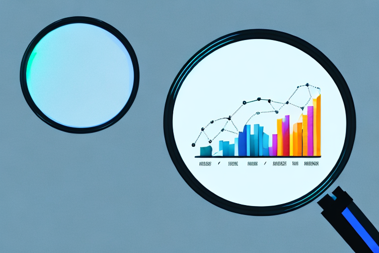 A magnifying glass hovering over a computer screen displaying a bar graph