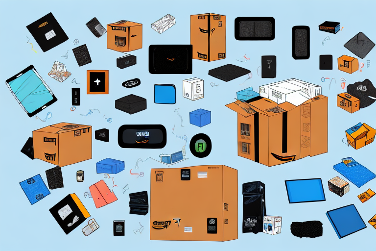 A giant amazon delivery box overflowing with various products such as electronics