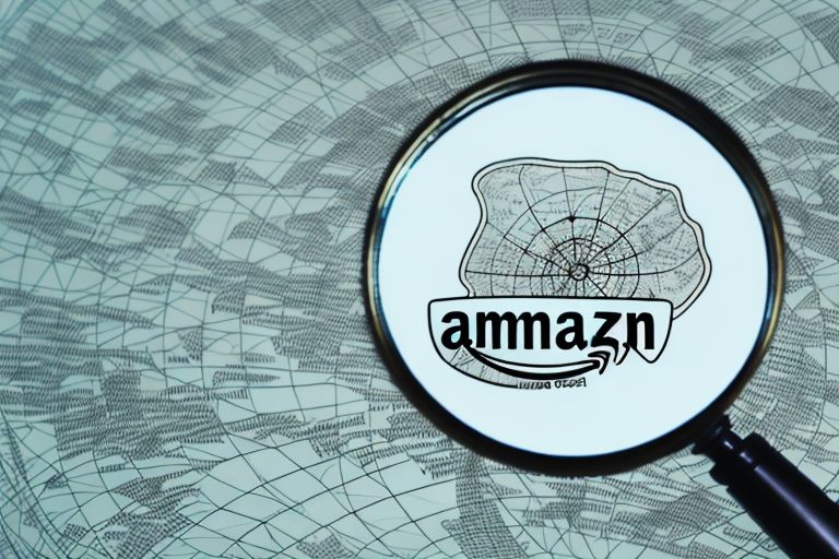 A large magnifying glass hovering over a stylized map of amazon