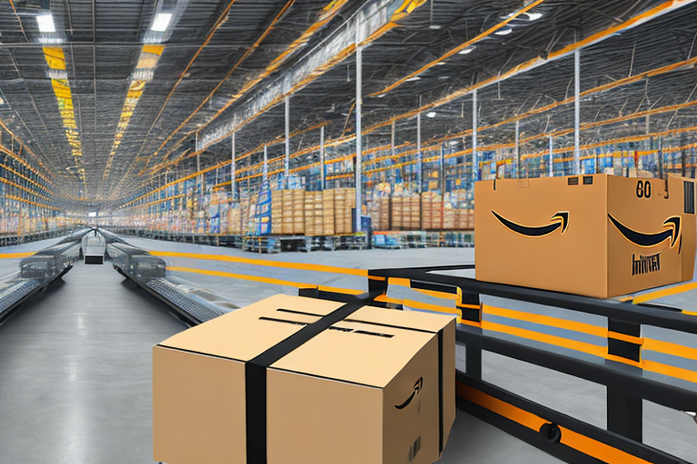 A warehouse with amazon-branded packages on conveyor belts