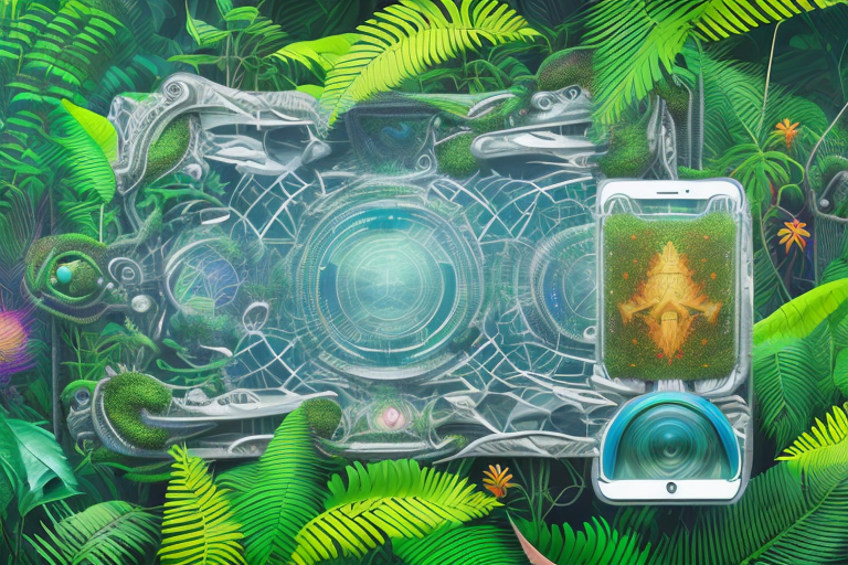 An amazon jungle landscape with various ai tools symbolically represented as futuristic