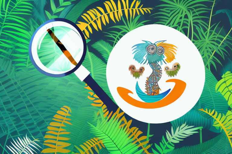 A magnifying glass hovering over a stylized amazon jungle