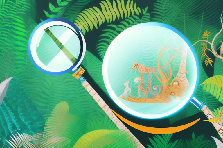 A magnifying glass hovering over a stylized amazon rainforest